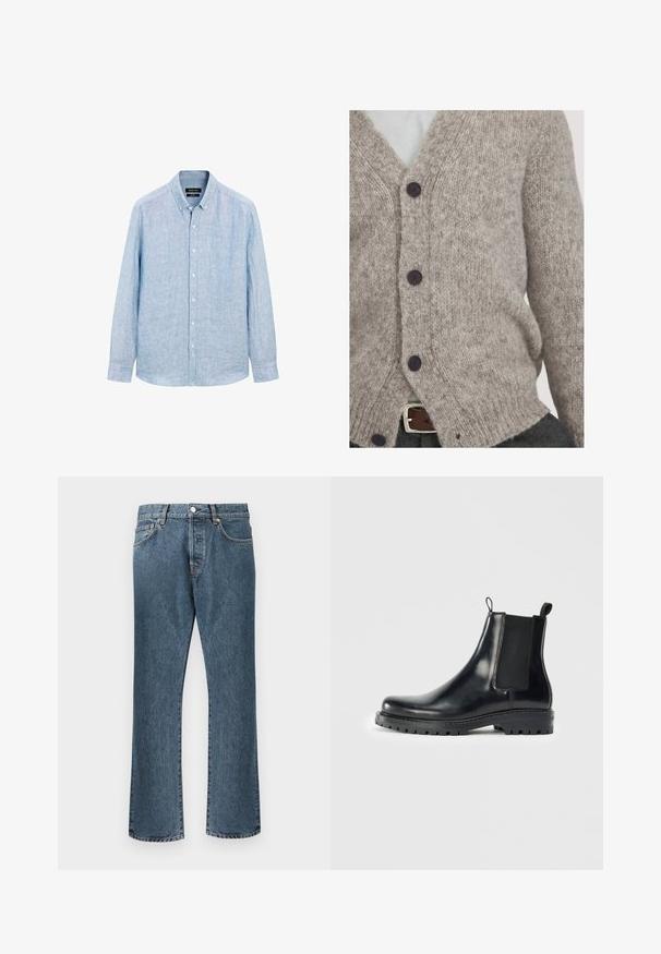 Cardigan a maglia grigio chiaro realizzato in morbida lana, caratterizzato da scollo a V, quattro bottoni scuri e una vestibilità ampia con bordi a coste.; Camicia azzurro chiaro a maniche lunghe con bottoni, realizzata in un tessuto texturizzato. Presenta un colletto con bottoni e una patta frontale con bottoni bianchi.; T-shirt bianco in cotone con maniche corte, scollatura tonda e linea dritta. Texture liscia senza motivi o dettagli visibili.; Jeans in denim blu con design a gamba dritta, dotati di chiusura classica con bottone e zip, cinque tasche e una leggera scoloritura.; Stivali Chelsea in pelle nera con pannelli elastici laterali, una linguetta per una facile indossatura e una suola in gomma resistente con una presa texturizzata.