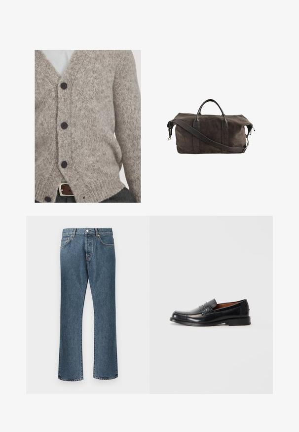 Light grey knitted cardigan made of soft wool, featuring a V-neck, four dark buttons, and a loose fit with ribbed edges.; White cotton t-shirt with short sleeves, round neckline, and a straight cut. Smooth texture with no visible patterns or accents.; Blue denim jeans with a straight leg design, featuring a classic button and zipper closure, five pockets, and subtle fading.; Black leather loafer with a rounded toe, raised stitching detail on the vamp, and a low stacked heel. Smooth texture and formal design.; Dark brown suede duffel bag with leather handles and an adjustable shoulder strap, featuring a top zipper closure.