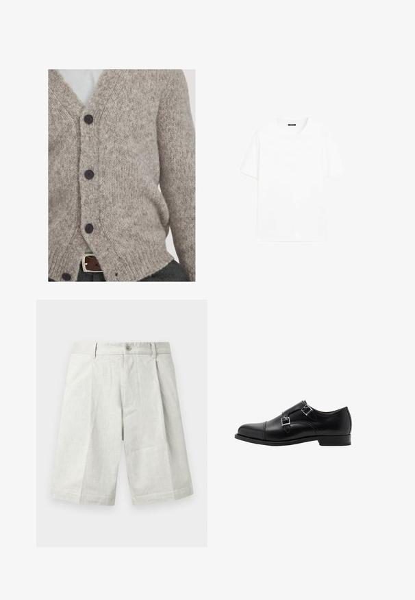 Cardigan a maglia grigio chiaro realizzato in morbida lana, caratterizzato da scollo a V, quattro bottoni scuri e una vestibilità ampia con bordi a coste.; T-shirt bianco in cotone con maniche corte, scollatura tonda e linea dritta. Texture liscia senza motivi o dettagli visibili.; Pantaloncini grigio chiaro in tessuto strutturato, con chiusura a bottone, pieghe e taglio dritto, adatti per un abbigliamento casual.; Scarpe doppie monk in pelle nera con punta arrotondata e fibbie argentate. La texture liscia e il tacco piatto offrono stabilità.