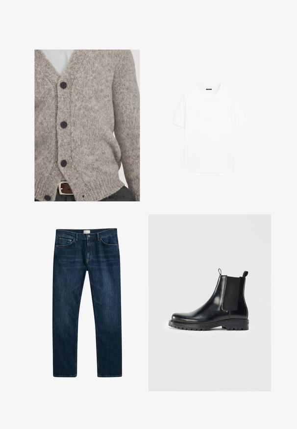 Hellgraue Strickjacke aus weicher Wolle, mit V-Ausschnitt, vier dunklen Knöpfen und lockerer Passform mit gerippten Kanten.; Weißes Baumwoll-T-Shirt mit kurzen Ärmeln, rundem Ausschnitt und geradem Schnitt. Glatte Textur ohne sichtbare Muster oder Akzente.; Dunkelblaue Denim-Jeans mit geradem Beinfit, Knopf- und Reißverschluss, sowie Fronttaschen. Glatte Textur und minimale Verblassung.; Schwarze Leder-Chelsea-Stiefel mit elastischen Seitenpaneelen, einer Schlaufe für einfaches Anziehen und einer robusten Gummisohle mit strukturiertem Grip.