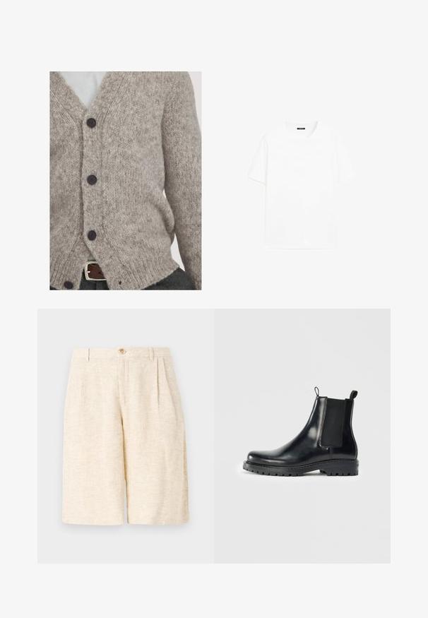 Hellgraue Strickjacke aus weicher Wolle, mit V-Ausschnitt, vier dunklen Knöpfen und lockerer Passform mit gerippten Kanten.; Weißes Baumwoll-T-Shirt mit kurzen Ärmeln, rundem Ausschnitt und geradem Schnitt. Glatte Textur ohne sichtbare Muster oder Akzente.; Beige maßgeschneiderte Shorts aus strukturiertem Gewebe, mit vorderen Falten, einem Knopfverschluss und einem geraden Bein-Design.; Schwarze Leder-Chelsea-Stiefel mit elastischen Seitenpaneelen, einer Schlaufe für einfaches Anziehen und einer robusten Gummisohle mit strukturiertem Grip.