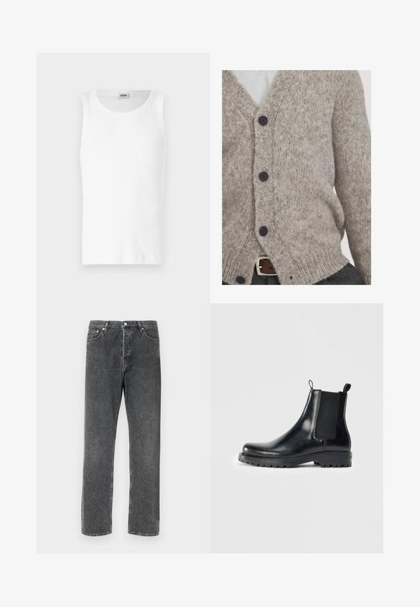 Hellgraue Strickjacke aus weicher Wolle, mit V-Ausschnitt, vier dunklen Knöpfen und lockerer Passform mit gerippten Kanten.; Weißes Baumwoll-Tanktop ohne Ärmel mit Rundhalsausschnitt und glatter Textur. Einfaches Design, ohne Muster oder Akzente.; Graue Denim-Jeans mit gerader Passform, die über fünf Taschen, einen vorderen Knopfverschluss und kontrastierende Nähte entlang der Säume verfügen.; Schwarze Leder-Chelsea-Stiefel mit elastischen Seitenpaneelen, einer Schlaufe für einfaches Anziehen und einer robusten Gummisohle mit strukturiertem Grip.
