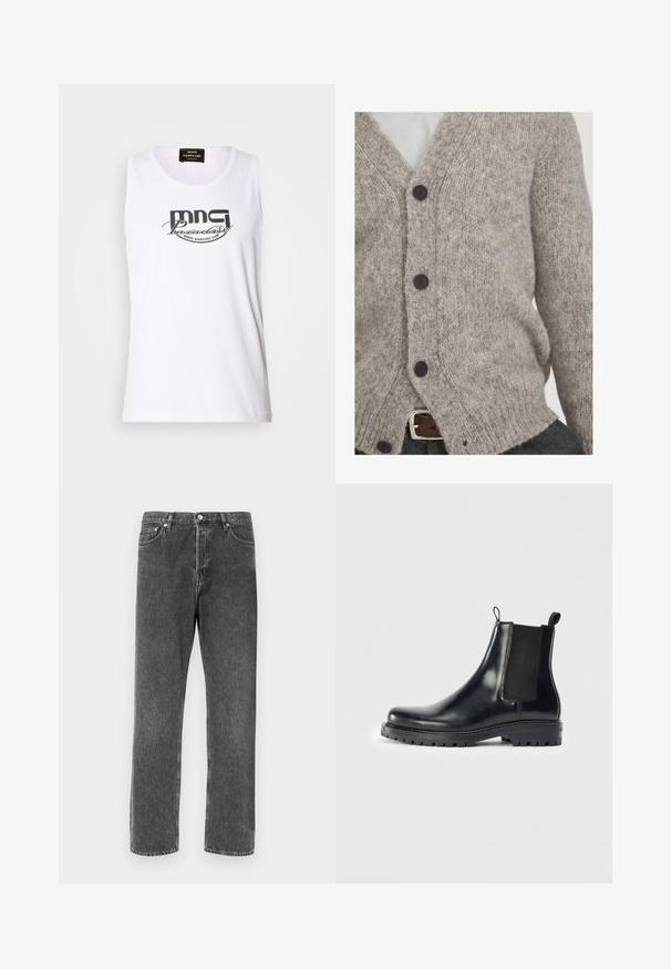 Light grey knitted cardigan made of soft wool, featuring a V-neck, four dark buttons, and a loose fit with ribbed edges.; White sleeveless T-shirt made of cotton, featuring a black graphic print of "MNG Paradise Disco Dancing Club" in a bold, curved font.; Gray denim jeans with a straight fit, featuring five pockets, a front button closure, and contrasting stitching along the seams.; Black leather Chelsea boots with elastic side panels, a loop-tab for easy wear, and a rugged rubber sole with a textured grip.