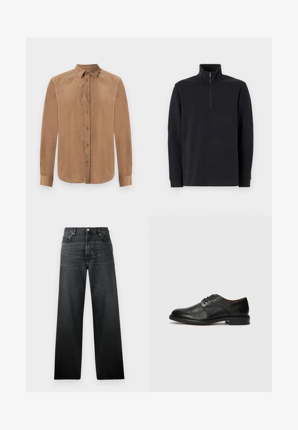 Pullover nero a maniche lunghe con colletto alto e zip a un quarto sul davanti su uno sfondo bianco.; Camicia button-up marrone a maniche lunghe in tessuto morbido, con colletto classico e chiusura frontale a bottoni. Tessuto liscio con taglio dritto.; Jeans in denim nero con un design a gamba dritta, dotati di cinque tasche e chiusura con bottone. Il tessuto ha una leggera lucentezza e una texture visibile.; Tommy Hilfiger VOGUE LTH - Stringate eleganti - black