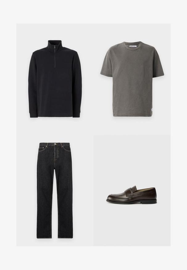 Svart genser med lange ermer, stående krage og glidelås i kvart lengde foran, mot en hvit bakgrunn.; Grå bomull T-skjorte med korte ermer og rund hals, med en litt falmet tekstur og en sidesplitte i kanten for ekstra detaljer.; Svart denimjeans med rett passform, med knappelukking, fem lommer og subtile sømdetaljer langs sømmene.; Calvin Klein Slippers - cocoa brown