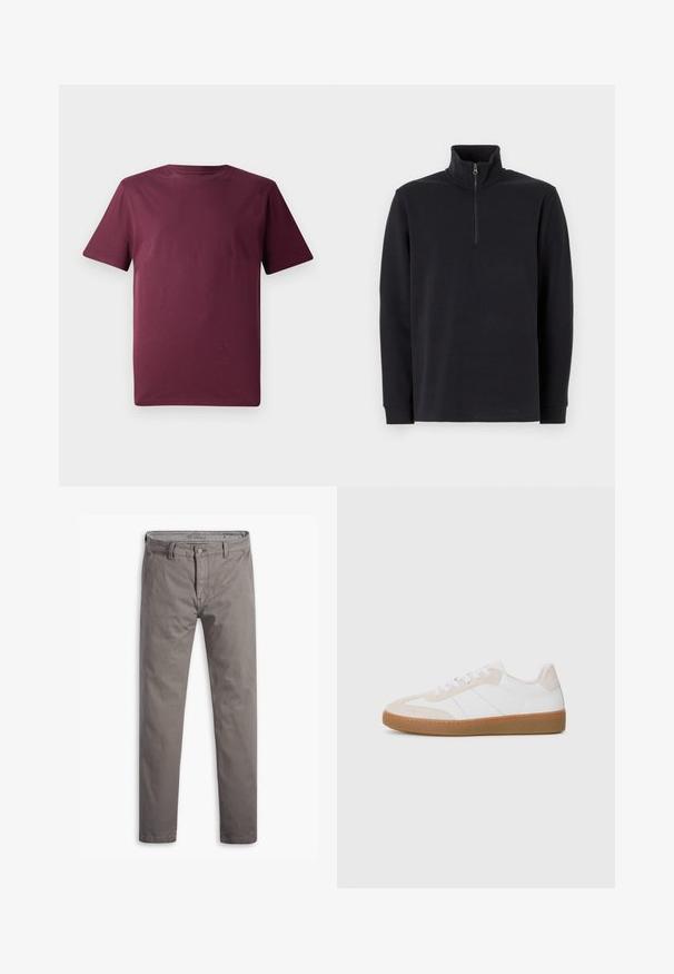 Black long-sleeve pullover with a stand collar and a quarter-length zipper on the front against a white background.; Maroon short-sleeved t-shirt, made of smooth cotton fabric, features a classic crew neckline and a relaxed fit with no visible patterns or accents.; Gray chinos with a smooth texture, straight-leg design, standard five-pocket styling, and a metal button at the waist.; White and beige sneaker with suede and leather elements. Features a rubber sole, lace-up design, and minimalist side stripes.