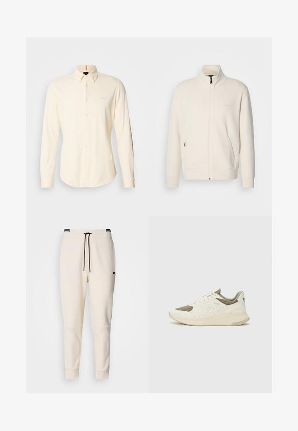 Jakna boje off-white s patentnim zatvaračem, stajaćim ovratnikom, dugim rukavima, bočnim džepovima i suptilnim logotipom "BOSS" na lijevoj strani prsnog koša.; Košulja s dugim rukavima, s gumbima, od svijetlosmeđeg pamuka; ima klasičan ovratak i mali detalj s logotipom na gornjoj lijevoj strani prsnog koša.; Kreme joggerice s elastičnim pojasom i vezicom, crnim detaljima, sužavajućim nogavicama i bočnim džepovima.; Bijele i svijetlosmeđe sportske tenisice, sa mrežastim gornjim dijelom, perforiranim detaljima i teksturiranim međutrakom sa brendom na peti.