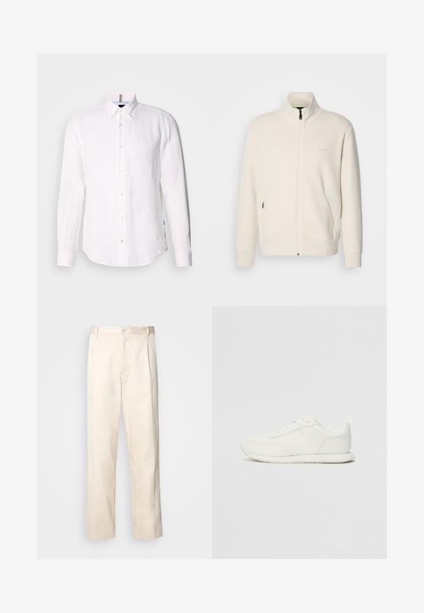 Chaqueta cremosa con cremallera y cuello alzado, mangas largas, bolsillos laterales y un discreto logo de "BOSS" en el lado izquierdo del pecho.; Camisa blanca de lino de manga larga con cierre de botones, cuello clásico y un logo sutil en el pecho. Presenta una tela texturizada y un dobladillo curvado.; Pantalones de algodón beige con corte recto, que cuentan con un cierre de botón y pliegues en la parte frontal para un detalle adicional.; Zapatilla blanca con parte superior de malla y sintético, puntera redonda, cordones planos y una franja lateral texturizada. Suela de goma con un tirador en la parte posterior.