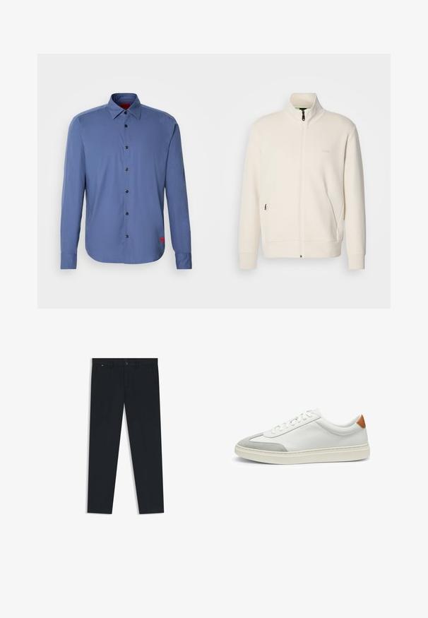 Lysbeige zip-up jakke med ståkrave, lange ærmer, sidelommer og diskret "BOSS" logo på venstre bryst.; Blå langærmet skjorte lavet af glat stof med en knap-op fortil, sorte knapper og et lille rødt logo på venstre side.; Mænds mørkeblå bukser lavet af letvægtsstof. Har knaplukning, bæltestropper og to sidelommer. Lige ben design.; Hvide lædersneakers med grå ruskindsdetaljer og en tan læderhæltap. Har en struktureret overflade og en let sål.