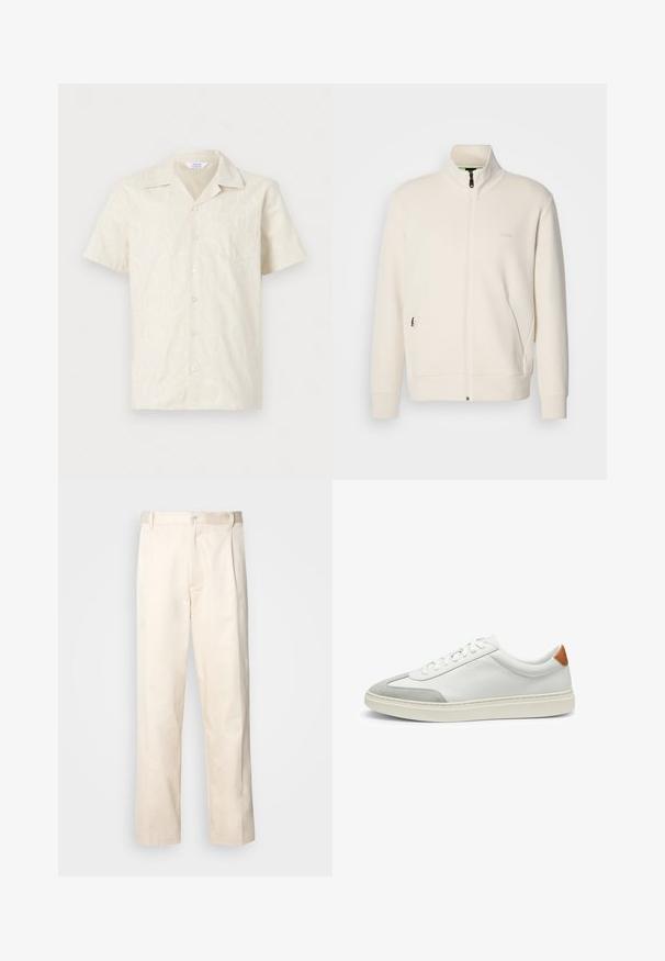 Off-white Zip-Jacke mit Stehkragen, langen Ärmeln, Seitentaschen und dezenter "BOSS"-Logo auf der linken Brust.; Helles, kurzärmliges Hemd in Creme mit einem dezenten Muster, Knopfleiste und einer Brusttasche. Hergestellt aus leichtem Stoff.; Beige Baumwollhose mit geradem Bein, ausgestattet mit einem Knopfverschluss und Falten an der Vorderseite für zusätzliche Details.; Weiße Leder-Sneaker mit grauen Wildlederakzenten und einer sandfarbenen Lederfersenschlaufe. Sie verfügen über eine strukturierte Oberfläche und eine leichte Sohle.