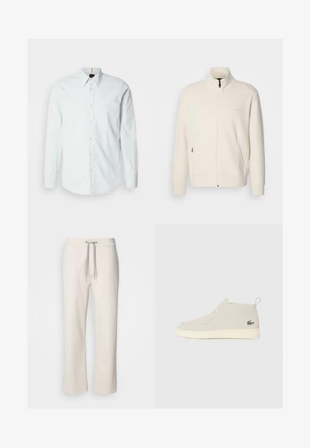 Off-white krūškurvja jaka ar uzacīšu apkakli, garām piedurknēm, sānu kabatām un diskrētu "BOSS" logo uz kreisā krūškurvja.; Gaiši zils krekliņš ar garām piedurknēm, darināts no kokvilnas, ar klasisku apkakli un mazu logo uz krūtīm. Mīksta tekstūra.; Krēmkrāsas brīvā laika bikses ar auklu jostasvietā un taisnām kājām, attēlotas uz vienkārša balta fona.; Gai pelēki zamšāda potītes zābaki ar apaļu purngalu, baltu gumijas zoli un smalku logotipa detaļu sānos. Iezīmējas ar šņorēšanas aizdari.