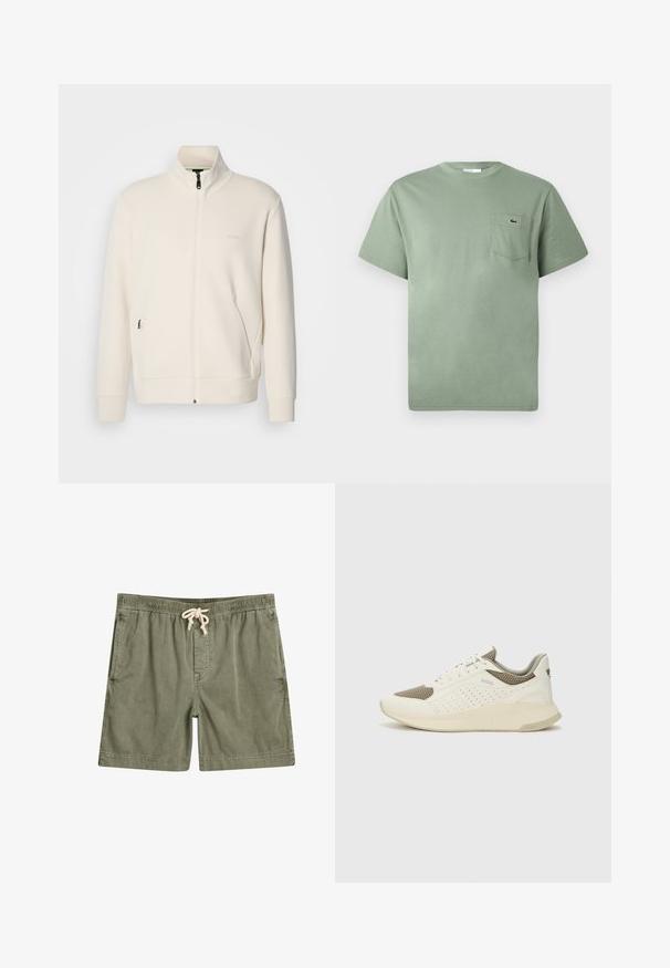 Off-white zip-up jakke med stående krage, lange ermer, sidelommer og diskré "BOSS" logo på venstre bryst.; Lys grønn kortermet bomull T-skjorte med brystlomme og et lite brodert krokodillelogo.; Olivengrønne shorts lavet af blødt stof, med en elastisk talje og snørre, to sidelommer og en afslappet pasform.; Hvit og lysebeige treningssko, med en mesh-overdel, perforerte detaljer og en teksturert mellomsåle med merkevare på hælen.