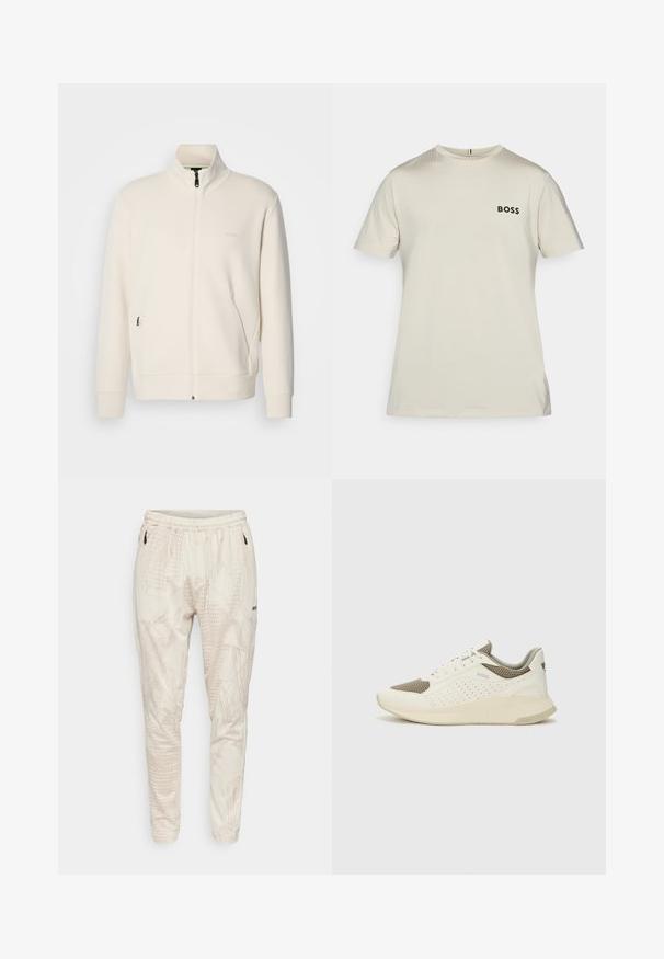 Hosszú ujjú, álló galléros, krémfehér cipzáras dzseki, oldalsó zsebekkel és diszkrét "BOSS" logóval a bal mellrészen.; Világos bézs, rövid ujjú póló sima anyagból, fekete "BOSS" logóval a mellrészen és finom textúrájú részletekkel.; Tejfehér színű nadrágok finom geometriai mintázattal, rugalmas derékkal és oldalsó zsebekkel. Fekete logóval és keskeny fazonnal rendelkezik.; Fehér és világos bézs sportcipő, légies hálós felsőrésszel, perforált részletekkel és texturált középtalppal, amelyen a saroknál a márka logója található.