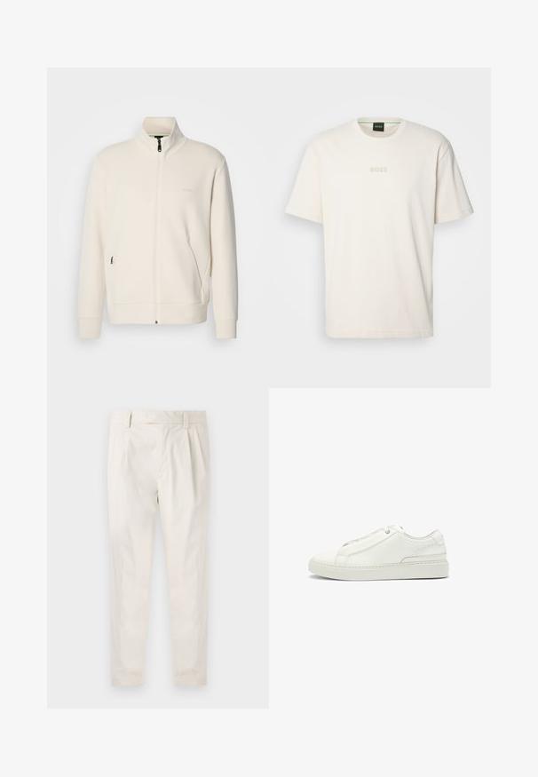Off-white Zip-Jacke mit Stehkragen, langen Ärmeln, Seitentaschen und dezenter "BOSS"-Logo auf der linken Brust.; BOSS TEE - T-Shirt basic - open white; Weiße, plissierte Hose mit taillierten Schnitt, die eine glatte Textur, Gürtelschlaufen und schmal zulaufende Beine aufweist. Keine sichtbaren Taschen oder Muster.; Weiße Leder-Sneaker mit strukturierter Oberseite, runder Zehenform, minimalistischem Design und Gummisohle mit gestickten Details.