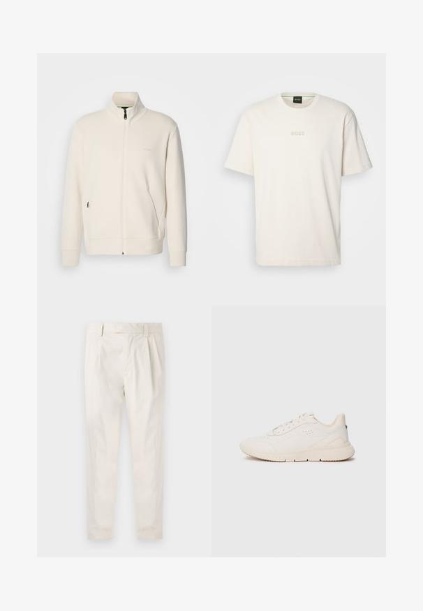Hosszú ujjú, álló galléros, krémfehér cipzáras dzseki, oldalsó zsebekkel és diszkrét "BOSS" logóval a bal mellrészen.; BOSS TEE - Basic póló - open white; Fehér, pliszírozott nadrág, testre szabott szabással, sima felülettel, övhurkokkal és karcsú lábszárral. Nincs látható zseb vagy minta.; Fehér sneaker, textúrált anyagból készült, sima talppal, fűzős elejével és diszkrét logóval a saroknál. Minimalista dizájn.