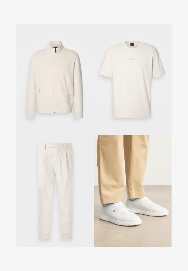 Off-white zip-up jacket with stand collar, long sleeves, side pockets, and subtle "BOSS" logo on the left chest.; BOSS TEE - Basic T-shirt - open white; White, pleated trousers with a tailored fit, featuring a smooth texture, belt loops, and tapered legs. No visible pockets or patterns.; White leather sneakers with a smooth finish, featuring round toe, lace-up design, and subtle logo detail on the side, paired with beige pants.
