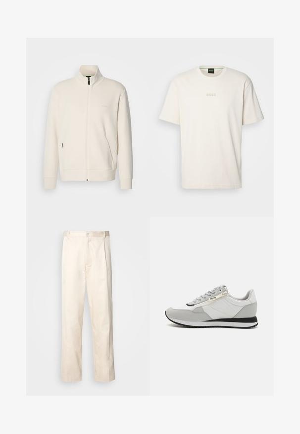 Off-white zip-up jacket with stand collar, long sleeves, side pockets, and subtle "BOSS" logo on the left chest.; BOSS TEE - Basic T-shirt - open white; Beige cotton trousers with a straight-leg cut, featuring a button closure and pleats at the front for added detail.; Gray synthetic and textile sneaker with a white midsole, black outsole, and subtle branding. Features a lace-up design and textured panels.