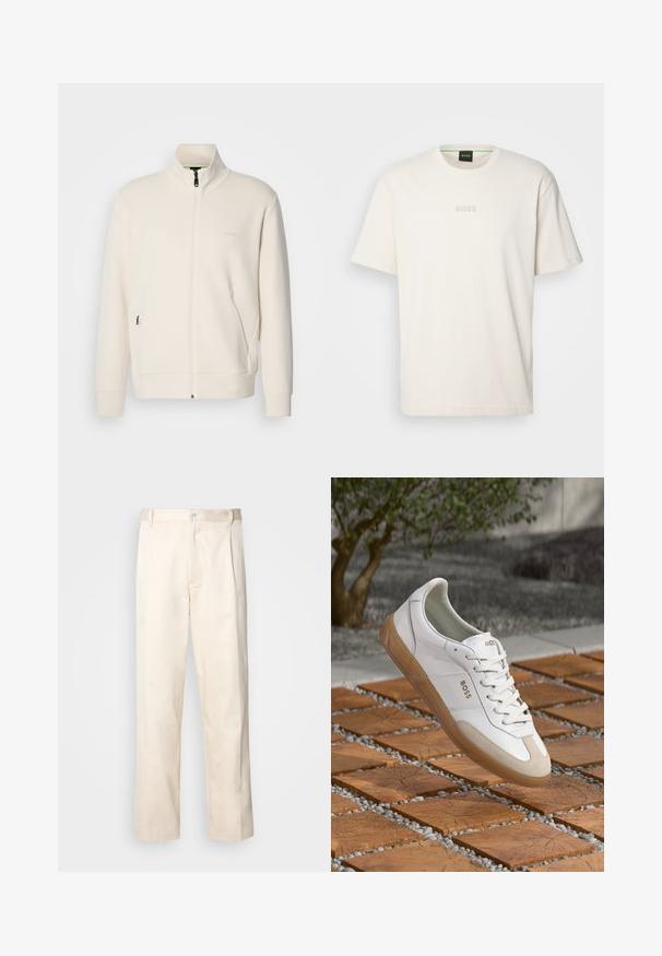 Kreemi värvi lukuga jakk kõrge kraega, pikkade varrukatega, küljetaskutega ja diskreetse "BOSS" logo ka vasakul rinnal.; BOSS TEE - Lihtne T-särk - open white; Beesidised puuvillased püksid sirge jala lõikega, mis on varustatud nööpkinnituse ja ees olevate voltidega, et lisada detaili.; Valge nahast sneaker, millel on beežist suede'ist detailid, ümar varvas, paelad ees ja pruun kummist tald, millel on brändinimi "BOSS."