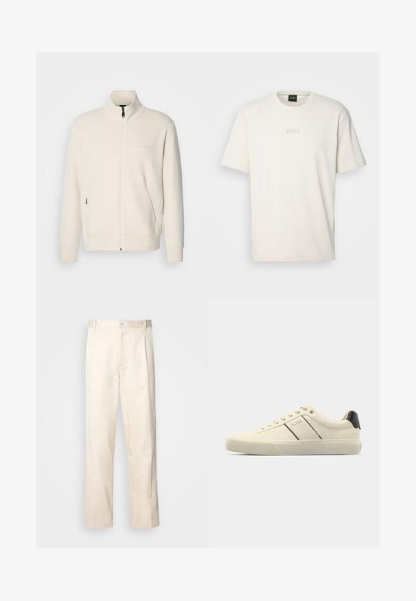 Jakna boje off-white s patentnim zatvaračem, stajaćim ovratnikom, dugim rukavima, bočnim džepovima i suptilnim logotipom "BOSS" na lijevoj strani prsnog koša.; BOSS TEE - Osnovna majica kratkih rukava - open white; Bežaste pamučne hlače ravnog kroja s kopčanjem na dugme i plisiranjima sprijeda za dodatni detalj.; Kremaste tenisice glatke teksture, s crnim detaljima i logotipom. Klasični dizajn sa vezanjem, okrugli vrh i gumeni potplat.