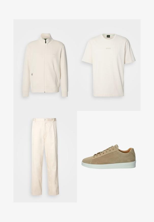 Off-white zip-up jacket with stand collar, long sleeves, side pockets, and subtle "BOSS" logo on the left chest.; BOSS TEE - Basic T-shirt - open white; Beige cotton trousers with a straight-leg cut, featuring a button closure and pleats at the front for added detail.; Suede beige sneakers with a white rubber sole. Features a smooth texture, rounded toe, and minimalistic lace-up design. Branding on the side.