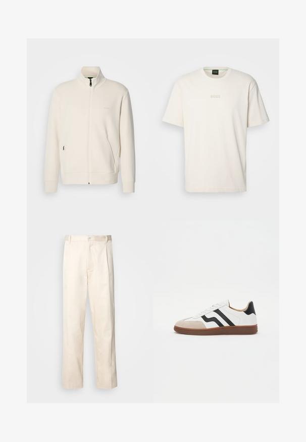 Off-white zip-up jacket with stand collar, long sleeves, side pockets, and subtle "BOSS" logo on the left chest.; BOSS TEE - Basic T-shirt - open white; Beige cotton trousers with a straight-leg cut, featuring a button closure and pleats at the front for added detail.; White sneaker with black stripe accents, suede toe cap, and brown rubber sole. Smooth leather upper with a rounded design.