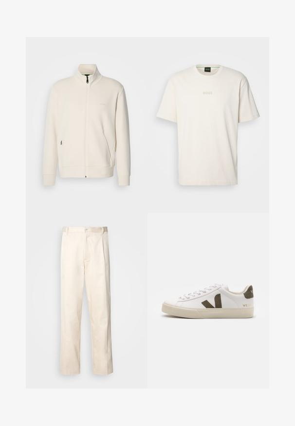 Hosszú ujjú, álló galléros, krémfehér cipzáras dzseki, oldalsó zsebekkel és diszkrét "BOSS" logóval a bal mellrészen.; BOSS TEE - Basic póló - open white; Beige pamut nadrág egyenes szárú kivágással, gombos záródással és elülső redőkkel a részletek fokozása érdekében.; Fehér bőr sportcipők világos bézs gumitalppal. Barna velúr V logóval és sarokpánttal rendelkezik. Fűzős záródás texturált felülettel.