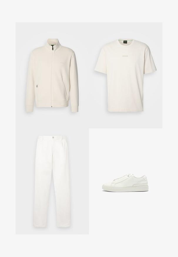 Off-white Zip-Jacke mit Stehkragen, langen Ärmeln, Seitentaschen und dezenter "BOSS"-Logo auf der linken Brust.; BOSS TEE - T-Shirt basic - open white; Weiße Hose aus glattem Gewebe, mit geradem Bein, Vorderfalten und einem einzelnen Knopfverschluss an der Taille.; Weiße Leder-Sneaker mit strukturierter Oberseite, runder Zehenform, minimalistischem Design und Gummisohle mit gestickten Details.