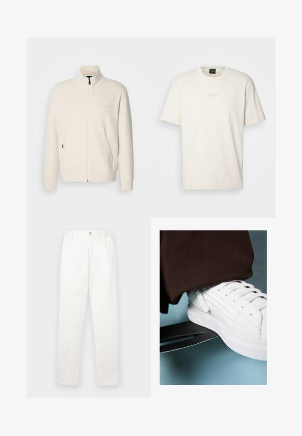 Off-white Zip-Jacke mit Stehkragen, langen Ärmeln, Seitentaschen und dezenter "BOSS"-Logo auf der linken Brust.; BOSS TEE - T-Shirt basic - open white; Weiße Hose aus glattem Gewebe, mit geradem Bein, Vorderfalten und einem einzelnen Knopfverschluss an der Taille.; Weiße Ledersneaker mit strukturierten Oberflächen, flachen Schnürsenkeln und Seitenbranding, auf einem metallischen Skate auf einem blauen Hintergrund platziert.