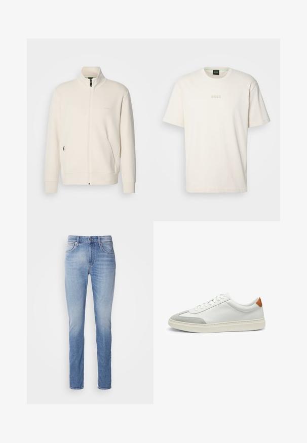 Off-white zip-up jacket with stand collar, long sleeves, side pockets, and subtle "BOSS" logo on the left chest.; BOSS TEE - Basic T-shirt - open white; Light blue denim jeans with a straight leg cut, featuring a mid-rise waist, five pockets, and subtle fading across the fabric.; White leather sneakers with gray suede accents and a tan leather heel tab. Features a textured surface and lightweight sole.
