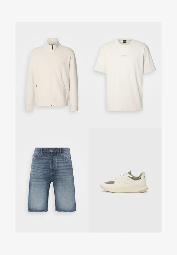 Off-white zip-up jakke med stående krage, lange ermer, sidelommer og diskré "BOSS" logo på venstre bryst.; BOSS TEE - T-shirts - open white; Lette blå denimshorts med falmet vask, som har en knappelukking i midjen, to frontlommer og sydd detaljer på sømmene.; Hvit og lysebeige treningssko, med en mesh-overdel, perforerte detaljer og en teksturert mellomsåle med merkevare på hælen.