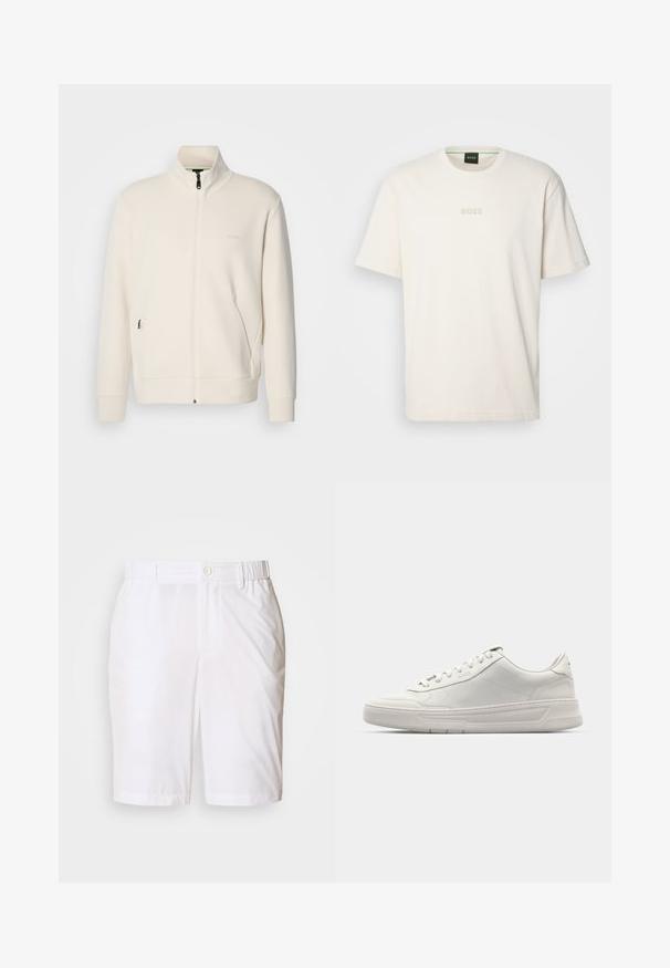 Oficialiai balta zip-up striukė su stovinčia apykakle, ilgomis rankovėmis, šoninėmis kišenėmis ir subtiliu "BOSS" logotipu kairėje krūtinės pusėje.; BOSS TEE - Paprasti marškinėliai - open white; Balti šortai, pagaminti iš glotnaus audinio, su mygtukų užsegimu, elastingu juosmeniu ir šoninėmis kišenėmis. Paprastas, tiesus kojų dizainas.; Balti sportbačiai su lygia oda, apvalia nosimi, užsegimu raišteliais ir storesniu guminio pado. Subtilus logotipas šone.