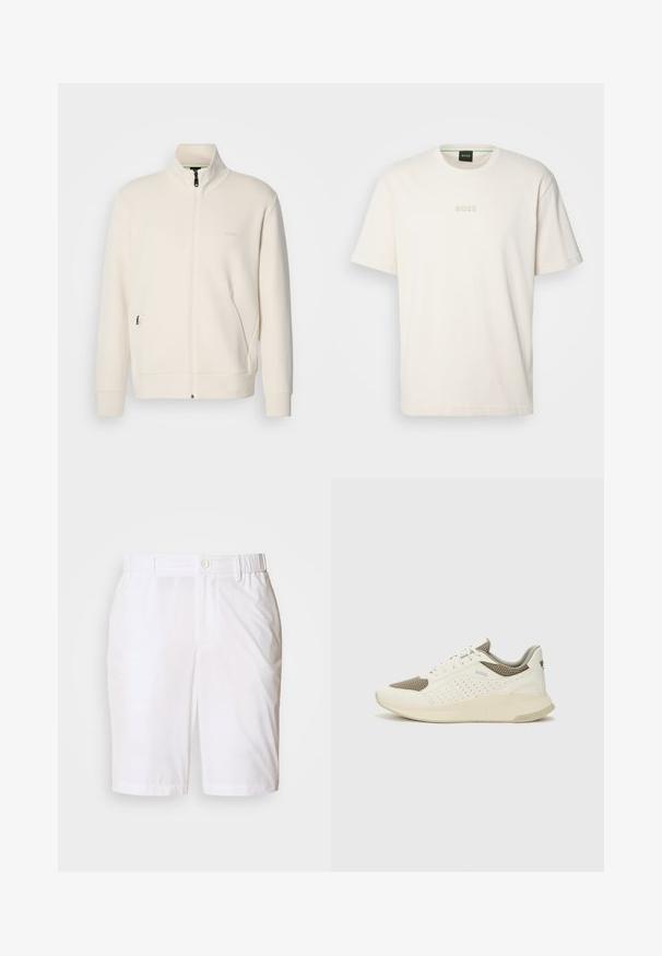 Off-white zip-up jacket with stand collar, long sleeves, side pockets, and subtle "BOSS" logo on the left chest.; BOSS TEE - Basic T-shirt - open white; White shorts made of smooth fabric, featuring a button closure, elastic waistband, and side pockets. Simple, straight-leg design.; White and light beige athletic sneaker, featuring a mesh upper, perforated detailing, and a textured midsole with branding on the heel.
