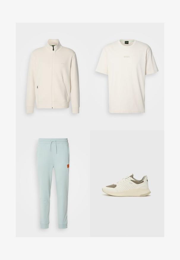 Off-white zip-up jack met staande kraag, lange mouwen, zijzakken en een subtiele "BOSS" logo op de linkerborst.; BOSS TEE - T-shirt basic - open white; HUGO DOAK - Trainingsbroek - open grey; Witte en lichtbeige sport sneaker, met een bovenwerk van mesh, geperforeerde details en een gestructureerde tussenzool met branding op de hiel.