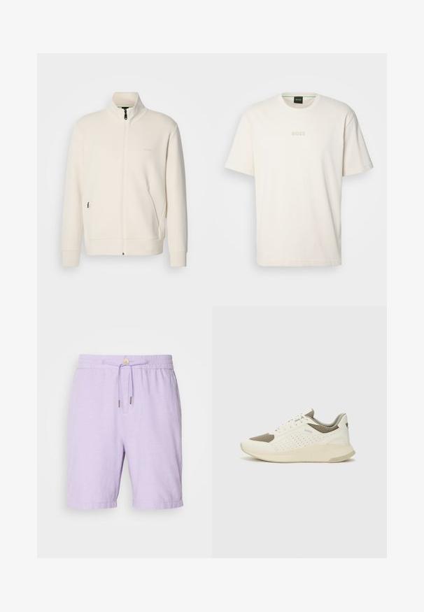 Lysbeige zip-up jakke med ståkrave, lange ærmer, sidelommer og diskret "BOSS" logo på venstre bryst.; BOSS TEE - T-shirts basic - open white; Lyslilla linnedragt med elastisk talje, snøre lukning og to sidelommer. Har en afslappet pasform og afsluttede cuffs.; Hvide og lyse beige sportssko med en mesh-overdel, perforerede detaljer og en tekstureret mellemsål med branding på hælen.
