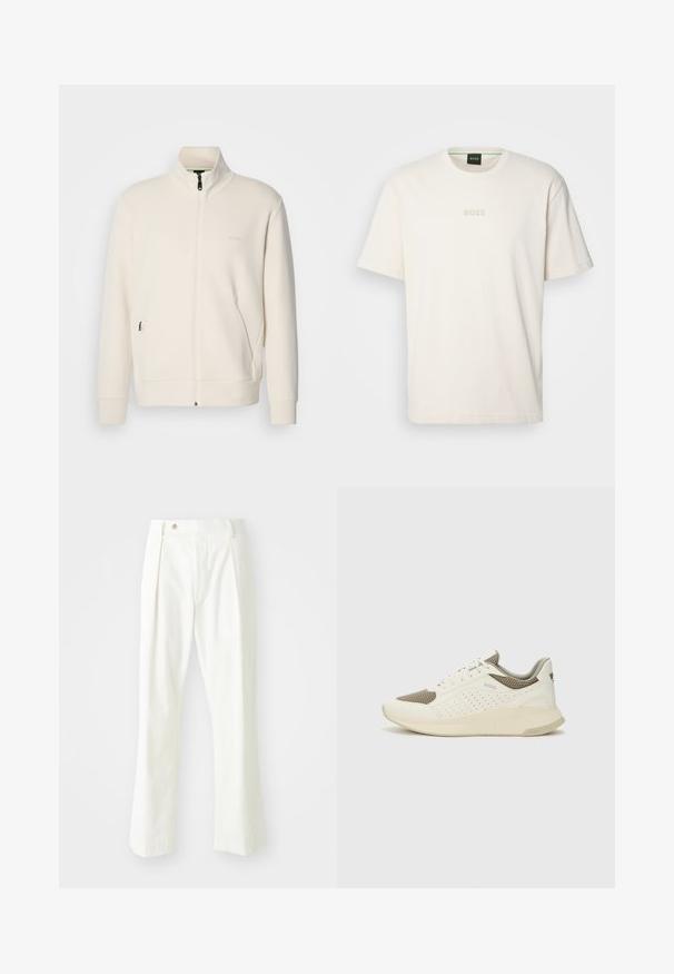 Kreemi värvi lukuga jakk kõrge kraega, pikkade varrukatega, küljetaskutega ja diskreetse "BOSS" logo ka vasakul rinnal.; BOSS TEE - Lihtne T-särk - open white; Valged sirged püksid, mis on valmistatud siledast kangast, millel on üks eesmine kulunud, eesmine taskud ja nööp sulgemine vöö kohal.; Valge ja heledat beeži värvi spordijalats, millel on õhuke võrkmaterjal, perforatsioonidega detailid ning tekstuuriga vahetald, millel on brändi logo kannaosas.