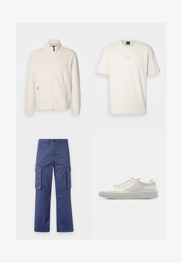 Off-white zip-up jakna s stoječim ovratnikom, dolgimi rokavi, stranskimi žepi in subtilnim logotipom "BOSS" na levem prsnem delu.; BOSS TEE - Navadna majica - open white; Mornarske cargo hlače iz trpežnega blaga, ki vključujejo stranske žepe, ravno krojenje in gumbasto zaklepanje v pasu.; Bela usnjena tenisačka obutev s zaobljenim nosom, minimalističnim dizajnom, sivozelenimi vezalkami in teksturiranim sivo gumijastim podplatom. Opazne diskretne šivalne podrobnosti.