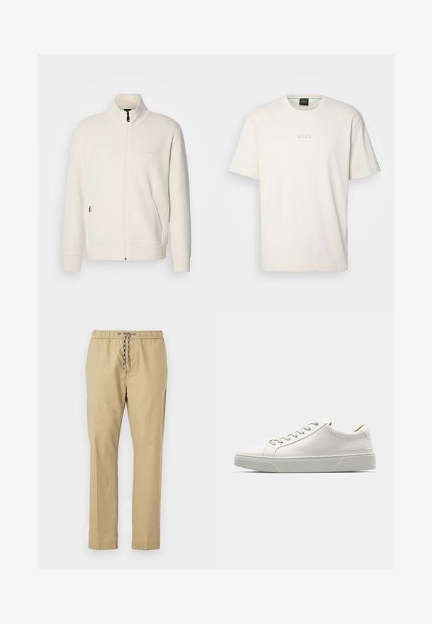 Kurtka zapinana na zamek w kolorze off-white z stójką, długimi rękawami, bocznymi kieszeniami oraz subtelnym logo "BOSS" na lewej piersi.; BOSS - T-shirt basic; Beżowe spodnie z elastycznym paskiem w talii, regulowanym sznurkiem, prostymi nogawkami i lekką strukturą materiału.; Białe skórzane sneakersy z zaokrąglonym noskiem, minimalistycznym designem, szarymi sznurowadłami i teksturowaną szaro-rubberową podeszwą. Widoczne subtelne detale szycia.