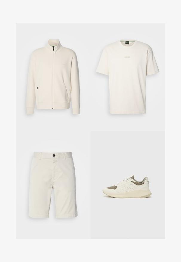 Off-white zip-up jacka med ståkrage, långa ärmar, sidofickor och subtil "BOSS"-logotyp på vänster bröst.; BOSS TEE - T-shirt - bas - open white; Ljusbeiga shorts i bomull, med knäppning, framfickor och stickad fåll. Slät textur med en avslappnad design.; Vit och ljusbeige atletisk sneaker med ett meshöverdrag, perforerade detaljer och en texturerad mellansula med varumärke på hälen.
