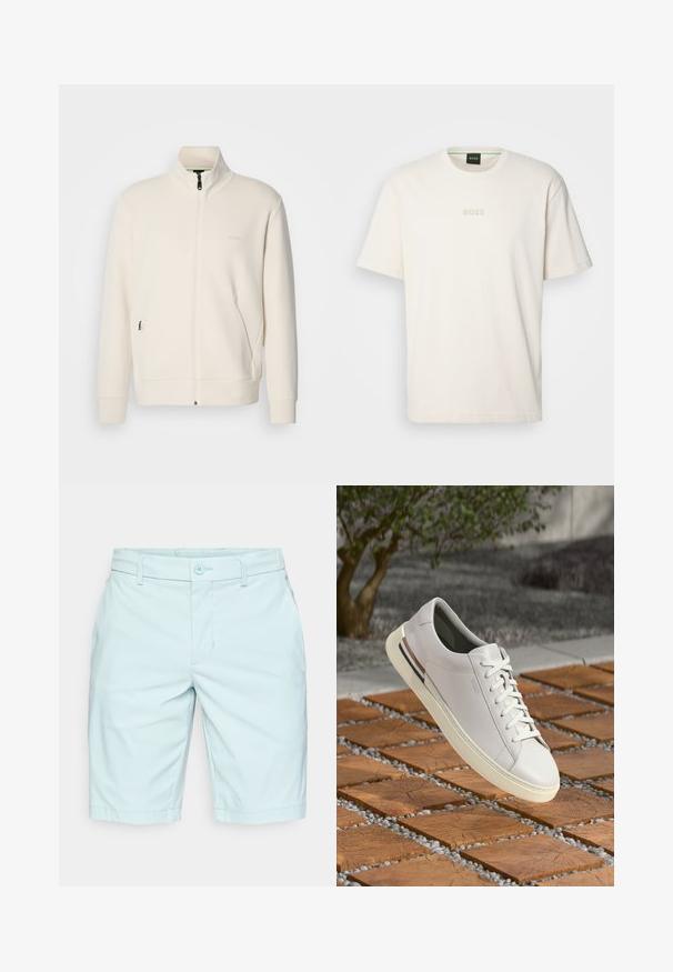 Valkoinen vetoketjullinen takki, jossa on pystykaulus, pitkät hihat, sivutaskut ja huomaamaton "BOSS"-logo vasemmassa rinnassa.; BOSS TEE - T-paita - open white; Vaaleansiniset shortsit, valmistettu pehmeästä kankaasta, joissa on napillinen kiinnitys, vyölenkit ja suora leikkaus. Etupuolella ei näy taskuja.; Valkoinen nahkakenkä, jossa on pyöreä kärki, nauhoitus edessä, kerma värinen kumipohja ja ruskea yksityiskohta. Teksturoitu pinta tuo esiin minimalistikot designin.