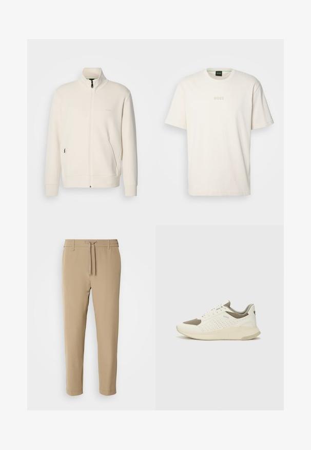 Ζακέτα σε off-white απόχρωση με κλείσιμο φερμουάρ, όρθιο γιακά, μακριά μανίκια, πλάγιες τσέπες και διακριτό λογότυπο "BOSS" στο αριστερό στήθος.; BOSS TEE - Βασικό μπλουζάκι - open white; Μπεζ στενά παντελόνια με ελαστική μέση και κορδόνι. Λείο ύφασμα με καθαρό σχέδιο και χωρίς ορατά μοτίβα ή εξαρτήματα.; Λευκό και ανοιχτό μπεζ αθλητικό παπούτσι, με επάνω μέρος από διχτυωτό υλικό, διακοσμήσεις με περφορέ και υφή στην ενδιάμεση σόλα με επωνυμία στη φτέρνα.