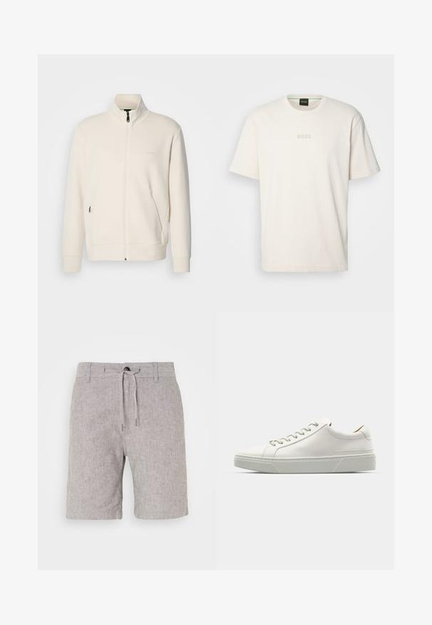 Off-white zip-up jacket with stand collar, long sleeves, side pockets, and subtle "BOSS" logo on the left chest.; BOSS TEE - Basic T-shirt - open white; Light gray linen shorts with a drawstring waist, straight cut, and subtle texture. Features a single button closure and rolled hems.; White leather sneaker with a rounded toe, minimalist design, grey laces, and a textured grey rubber sole. Subtle stitching details visible.