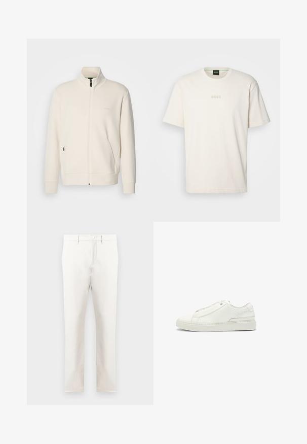 Veste zippée beige clair avec col montant, manches longues, poches latérales et logo "BOSS" discret sur la poitrine gauche.; BOSS TEE - T-shirt basique - open white; Pantalons beiges en tissu lisse, avec une coupe droite, des poches avant, une fermeture éclair et un bouton unique à la taille.; Baskets en cuir blanc avec un upper texturé, une pointe ronde, un design minimaliste et une semelle en caoutchouc avec des coutures décoratives.