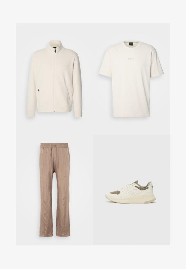 Krémová zipová bunda s vysokým límcem, dlouhými rukávy, bočními kapsami a jemným logem "BOSS" na levé části hrudi.; BOSS TEE - Jednoduché tričko - open white; Světle hnědé, široké kalhoty vyrobené z hladké látky, s elastickým pasem a šňůrkou a dvěma předními záhyby.; Bílé a světle béžové atletické tenisky, které mají síťovaný svršek, perforované detaily a texturovanou mezipodešev s logem na patě.