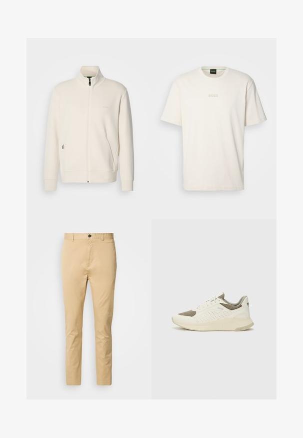 Off-white Zip-Jacke mit Stehkragen, langen Ärmeln, Seitentaschen und dezenter "BOSS"-Logo auf der linken Brust.; BOSS TEE - T-Shirt basic - open white; Beige Chinos aus Baumwolle mit glatter Textur. Mit Knopfverschluss, Gürtelschlaufen und schmaler zulaufender Passform zum Knöchel.; Weiße und hellbeige Sport Sneakers, ausgestattet mit einem Obermaterial aus Netzgewebe, perforierten Details und einer strukturierten Zwischensohle mit Branding an der Ferse.