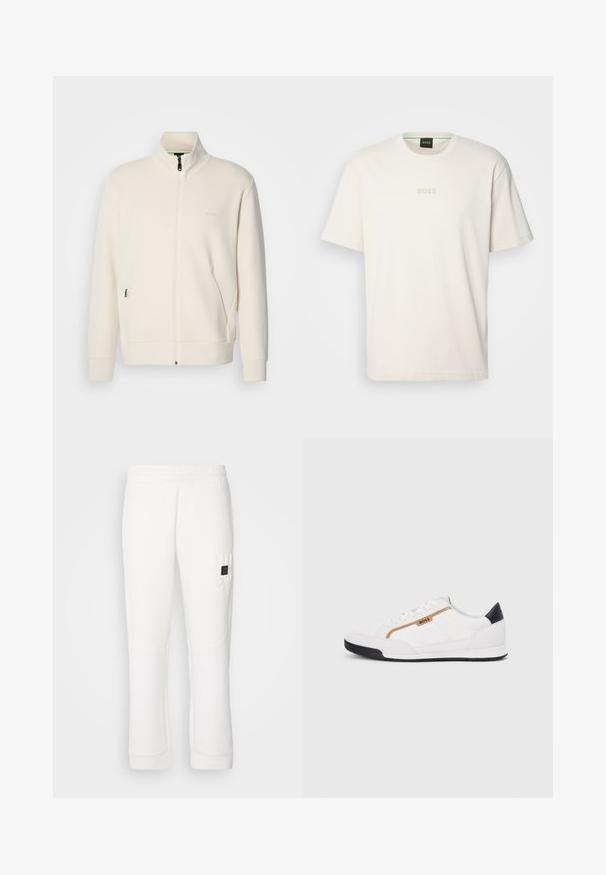 Off-white zip-up jacket with stand collar, long sleeves, side pockets, and subtle "BOSS" logo on the left chest.; BOSS TEE - Basic T-shirt - open white; White sweatpants with elastic waistband, tapered legs, textured fabric, and embossed "HUGO" logo on the left thigh.; White athletic shoes with mesh and leather accents. Features a gold "BOSS" logo, textured side panels, and a black heel cap. Rubber sole.