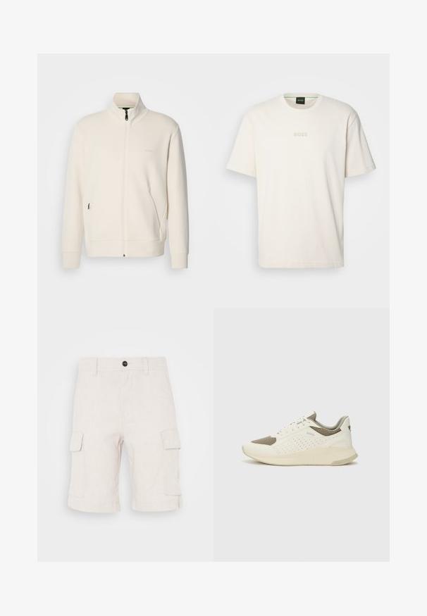 Krémová zipová bunda s vysokým límcem, dlouhými rukávy, bočními kapsami a jemným logem "BOSS" na levé části hrudi.; BOSS TEE - Jednoduché tričko - open white; Béžové cargo šortky vyrobené z lehkého materiálu, s dvěma bočními kapsami a ohrnutým lemem. Zapínání na knoflík v pase.; Bílé a světle béžové atletické tenisky, které mají síťovaný svršek, perforované detaily a texturovanou mezipodešev s logem na patě.