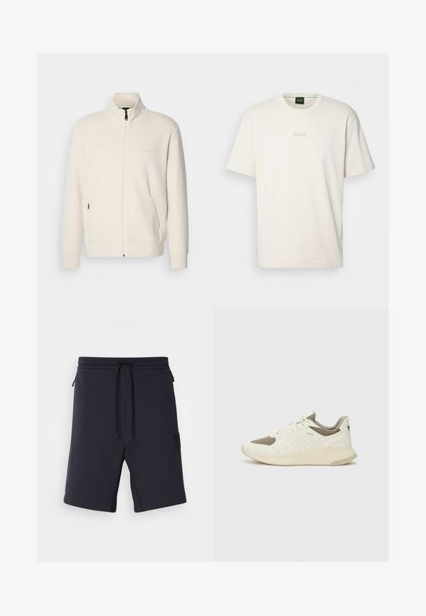 Krémová bunda na zips so stojatým golierom, dlhými rukávmi, bočnými vreckami a jemným logom "BOSS" na ľavej hrudi.; BOSS TEE - Základné tričko - open white; Tmavomodré šortky s hladkým povrchom, elastickým pásom, šnúrkou a bočnými vreckami. Obsahujú čiernu nášivku loga na boku.; Biele a svetlo béžové športové tenisky s hornou časťou z mriežkového materiálu, perforovanými detailmi a textúrovanou medzipodrážkou s logom na päte.