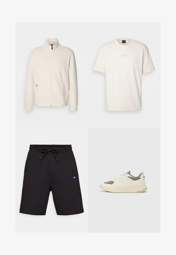 Hosszú ujjú, álló galléros, krémfehér cipzáras dzseki, oldalsó zsebekkel és diszkrét "BOSS" logóval a bal mellrészen.; BOSS TEE - Basic póló - open white; Fekete pamut rövidnadrág, húzózsinórral ellátott derékkal, oldalzsebekkel és egy kis kék logóval az elején. Simaság jellemzi.; Fehér és világos bézs sportcipő, légies hálós felsőrésszel, perforált részletekkel és texturált középtalppal, amelyen a saroknál a márka logója található.