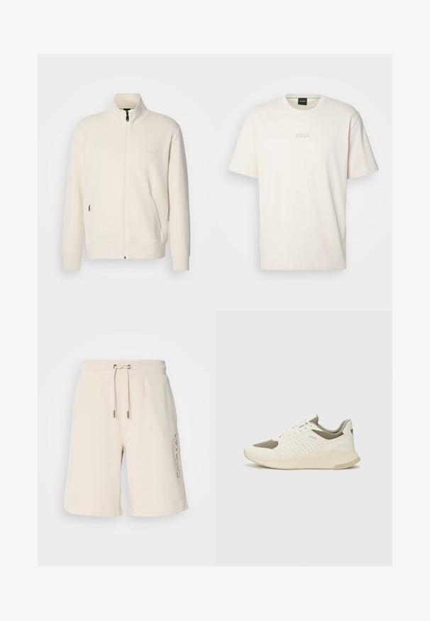 Kurtka zapinana na zamek w kolorze off-white z stójką, długimi rękawami, bocznymi kieszeniami oraz subtelnym logo "BOSS" na lewej piersi.; BOSS - T-shirt basic; Beżowe szorty z mieszanki bawełny z elastycznym pasem na sznurku, bocznymi kieszeniami i haftowanym logo "Calvin Klein" na lewej nogawce.; Białe i jasnobeżowe sneakersy sportowe, z siateczkową cholewką, perforowanymi detalami oraz teksturowaną podeszwą śródstopia z brandingiem na pięcie.