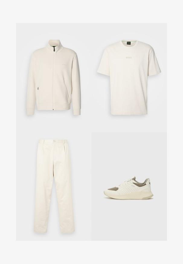 Off-white zip-up jack met staande kraag, lange mouwen, zijzakken en een subtiele "BOSS" logo op de linkerborst.; BOSS TEE - T-shirt basic - open white; Lichtbeige katoenen chinos met een rechte pijp, voorzien van een knoopsluiting en twee zijzakken. Gladde textuur zonder zichtbare patronen.; Witte en lichtbeige sport sneaker, met een bovenwerk van mesh, geperforeerde details en een gestructureerde tussenzool met branding op de hiel.
